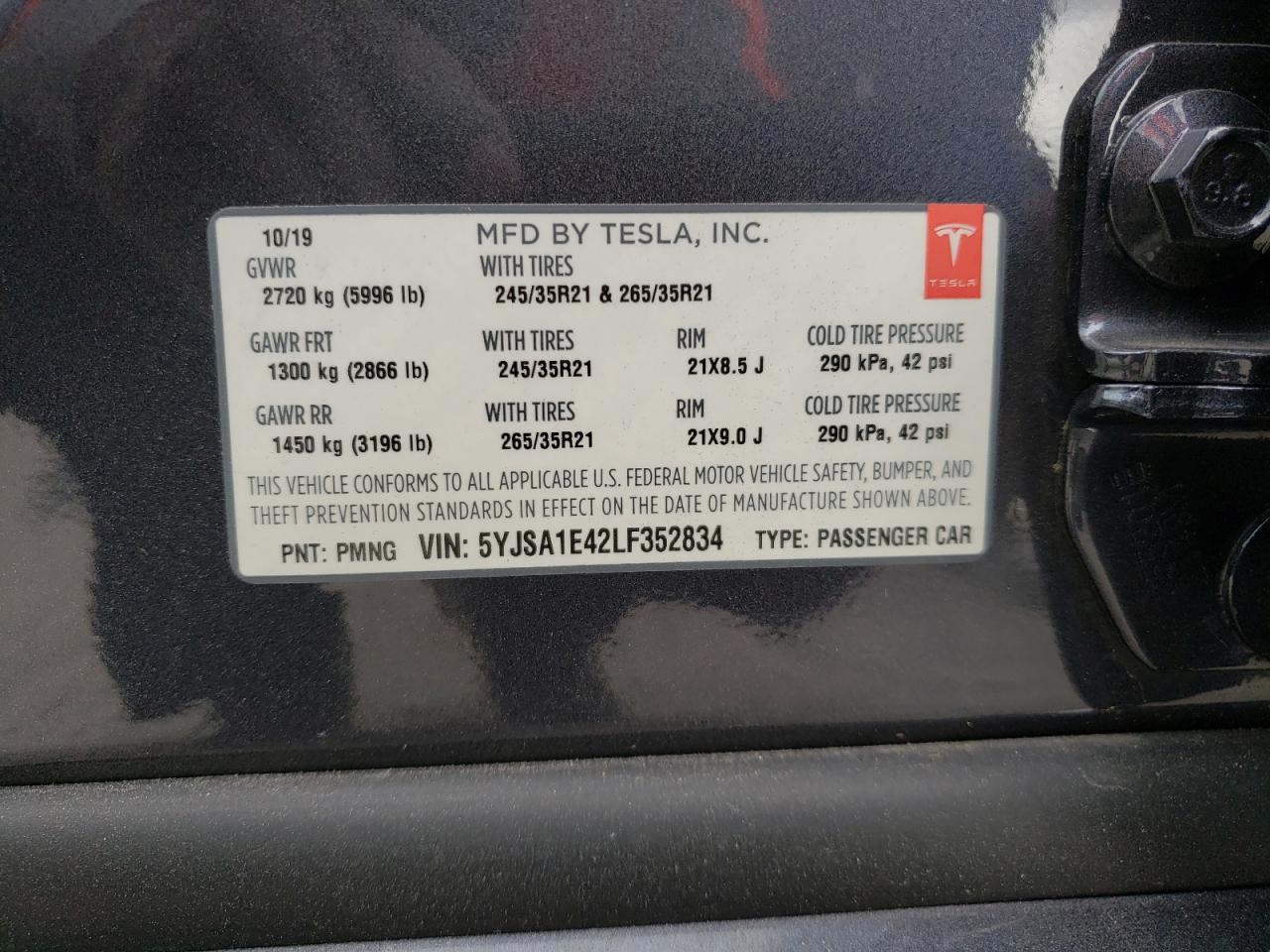 Photo 10 from auction – 2020 TESLA MODEL S with VIN 5YJSA1E42LF352834