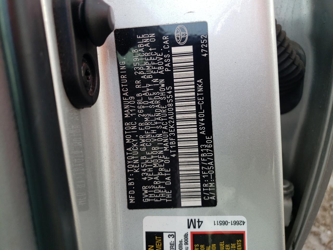 Photo 10 from auction – 2010 TOYOTA CAMRY BASE with VIN 4T1BF3EK2AU085545