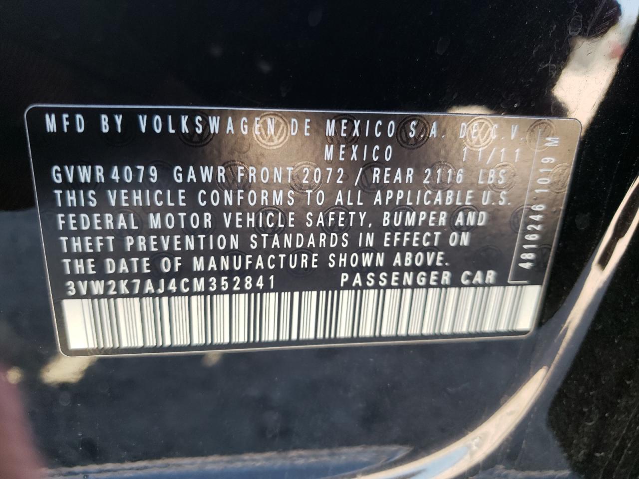 Photo 10 from auction – 2012 VOLKSWAGEN JETTA BASE with VIN 3VW2K7AJ4CM352841