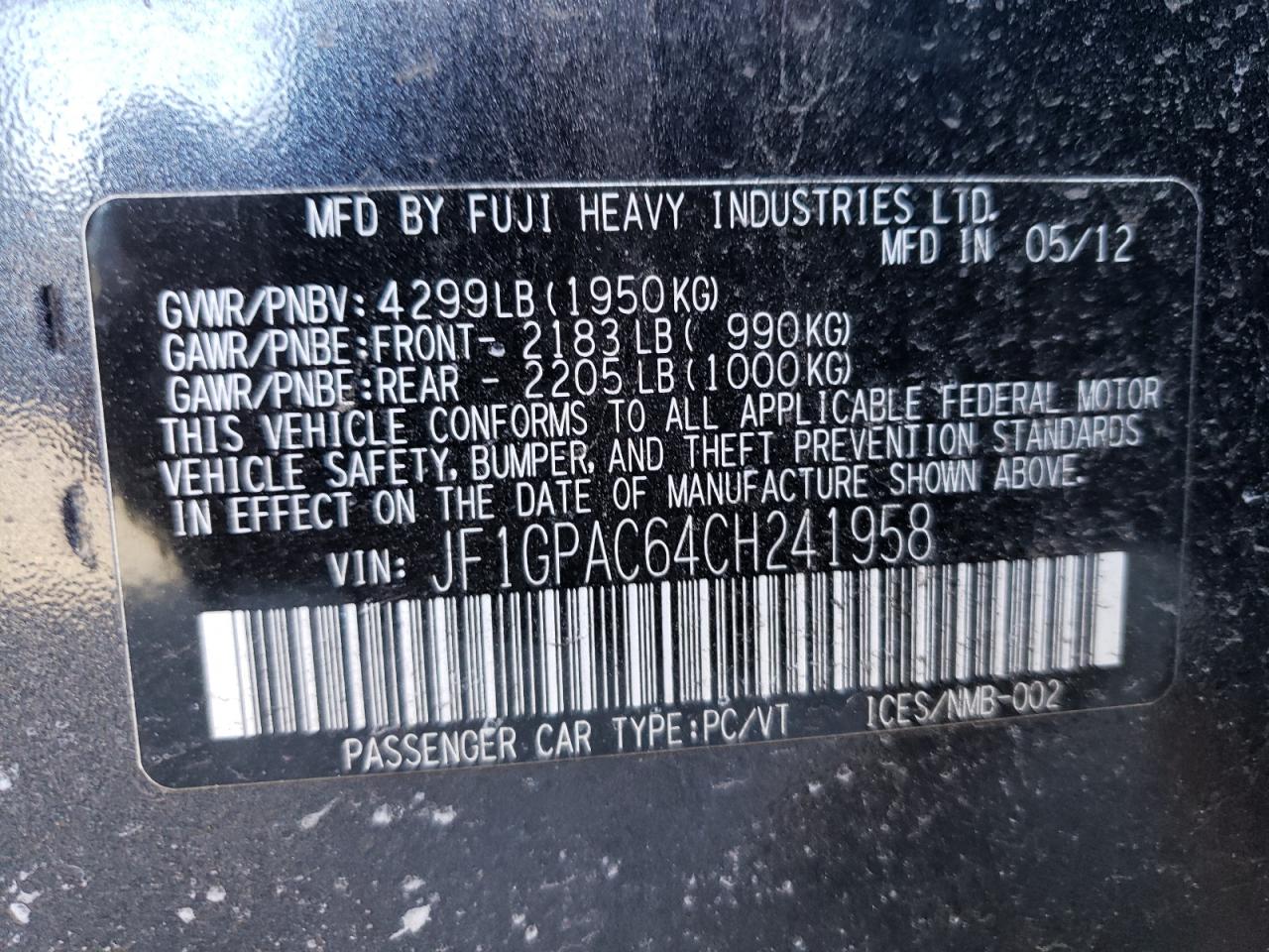 Photo 10 from auction – 2012 SUBARU IMPREZA PR with VIN JF1GPAC64CH241958