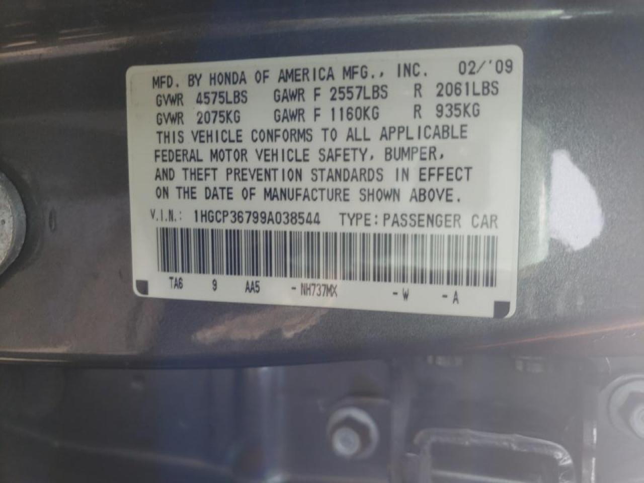 Photo 10 from auction – 2009 HONDA ACCORD EX with VIN 1HGCP36799A038544
