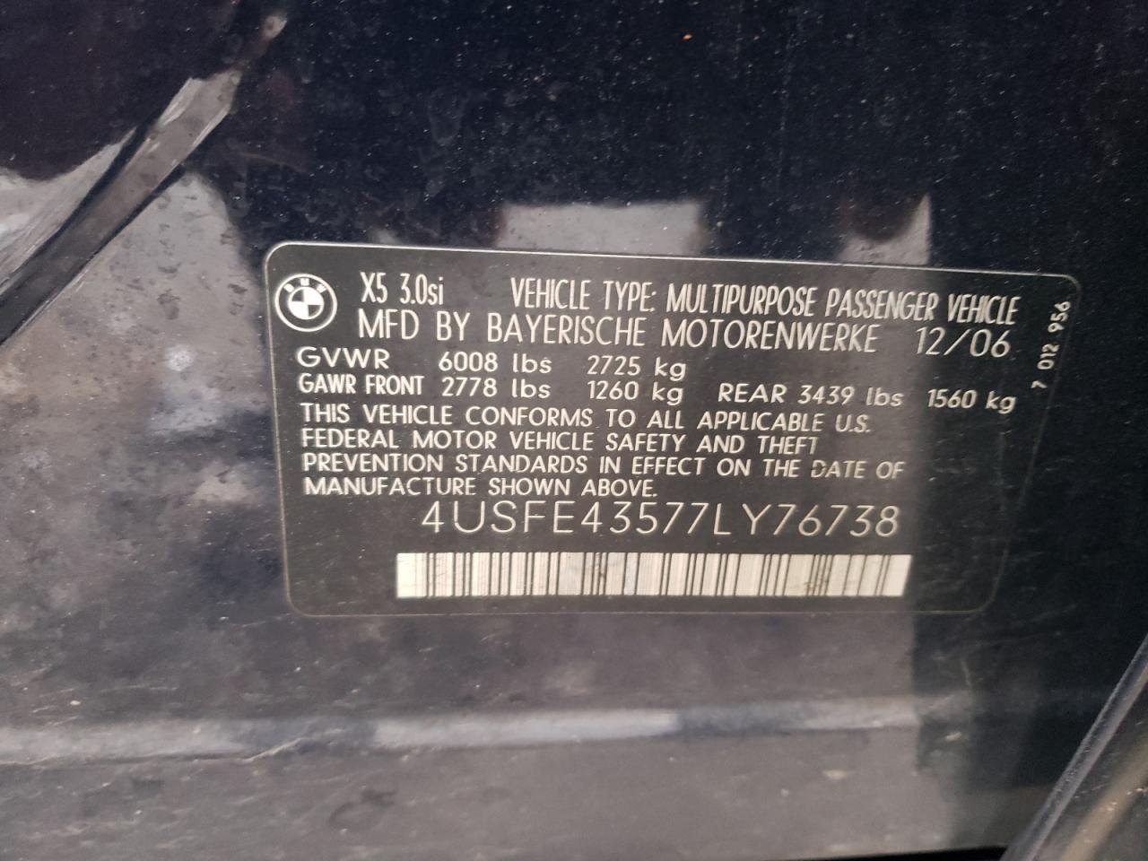 Photo 10 from auction – 2007 BMW X5 3.0I with VIN 4USFE43577LY76738