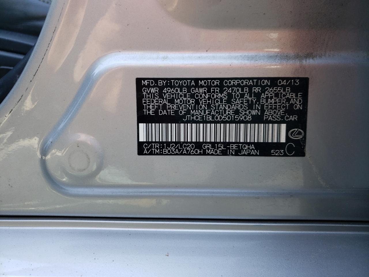 Photo 10 from auction – 2013 LEXUS GS 350 with VIN JTHCE1BL0D5015908