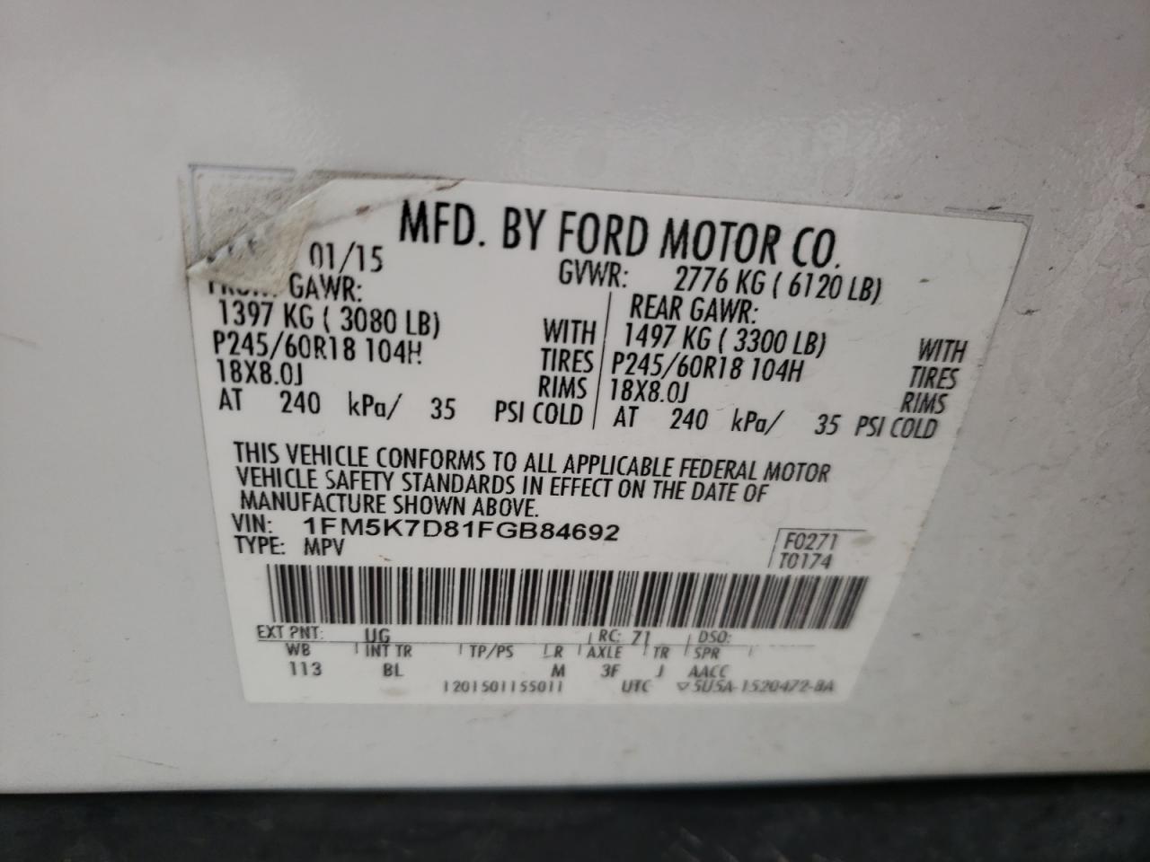 Photo 10 from auction – 2015 FORD EXPLORER X with VIN 1FM5K7D81FGB84692