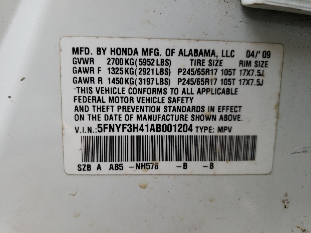 Photo 10 from auction – 2010 HONDA PILOT EX with VIN 5FNYF3H41AB001204