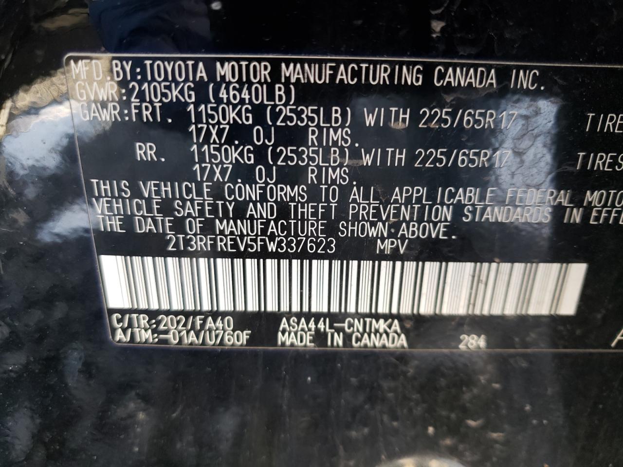 Photo 10 from auction – 2015 TOYOTA RAV4 XLE with VIN 2T3RFREV5FW337623