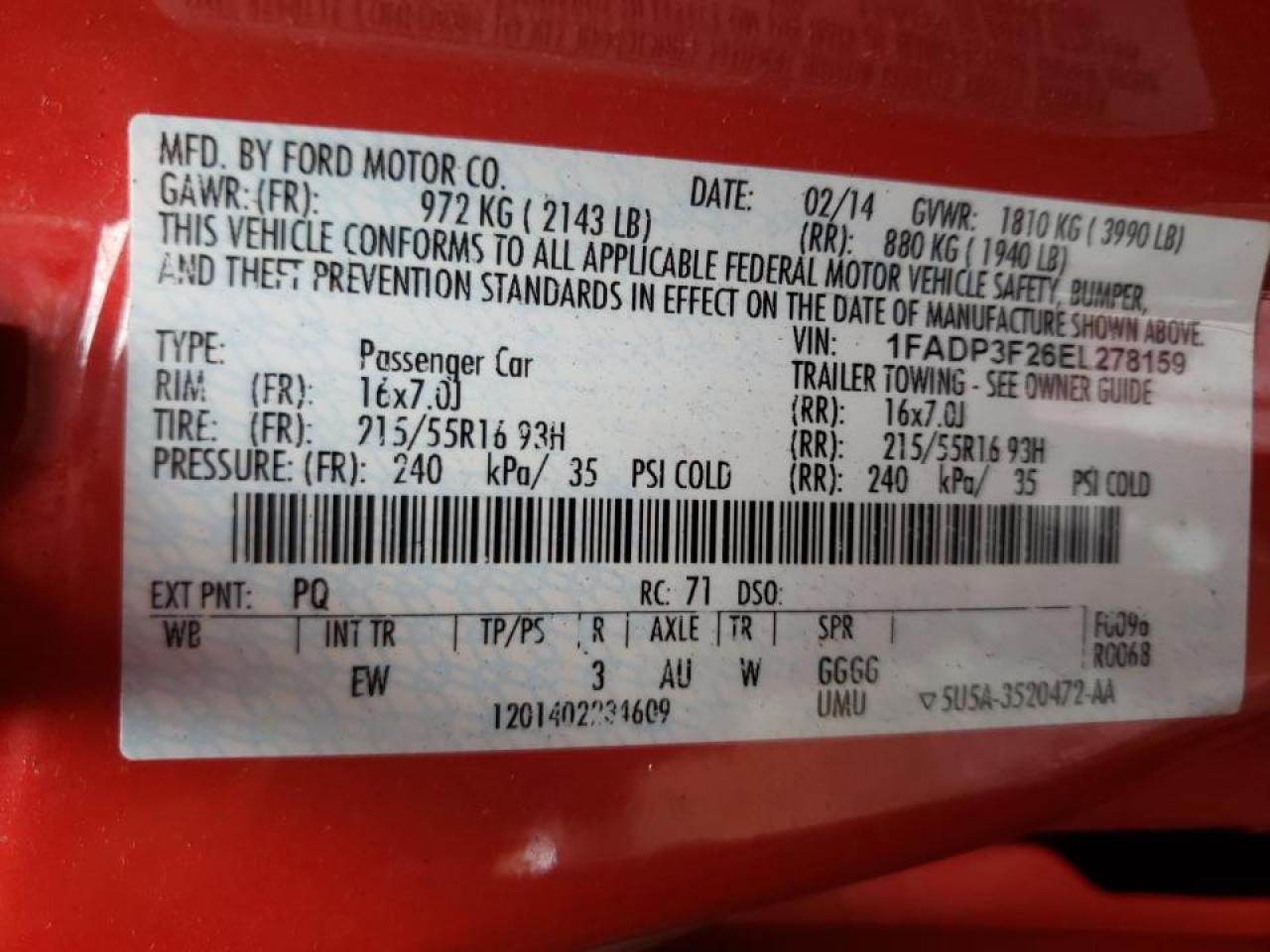Photo 10 from auction – 2014 FORD FOCUS SE with VIN 1FADP3F26EL278159