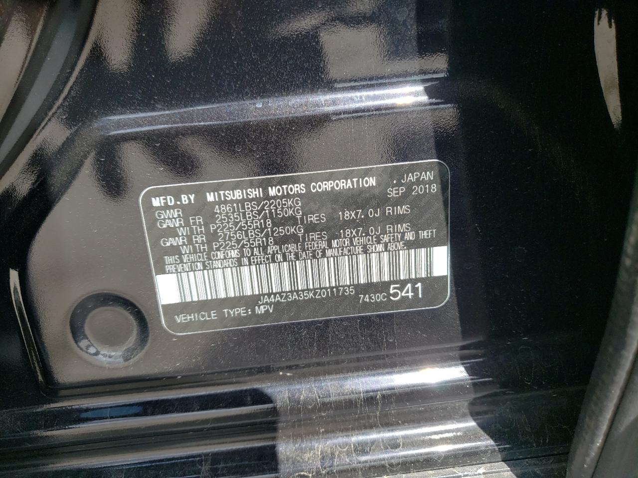 Photo 10 from auction – 2019 MITSUBISHI OUTLANDER with VIN JA4AZ3A35KZ011735
