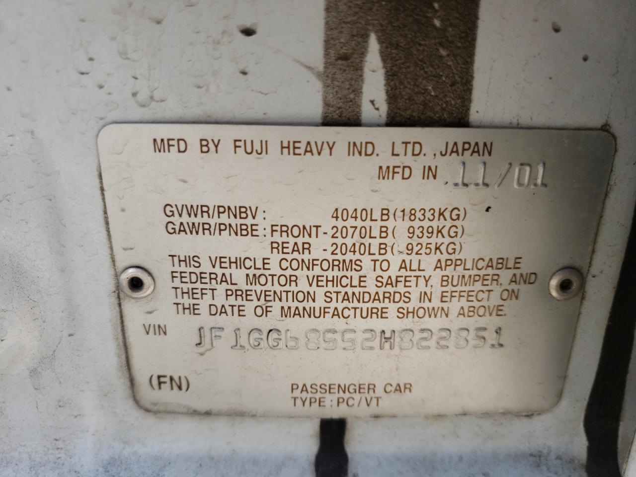 Photo 10 from auction – 2002 SUBARU IMPREZA OU with VIN JF1GG68552H822851