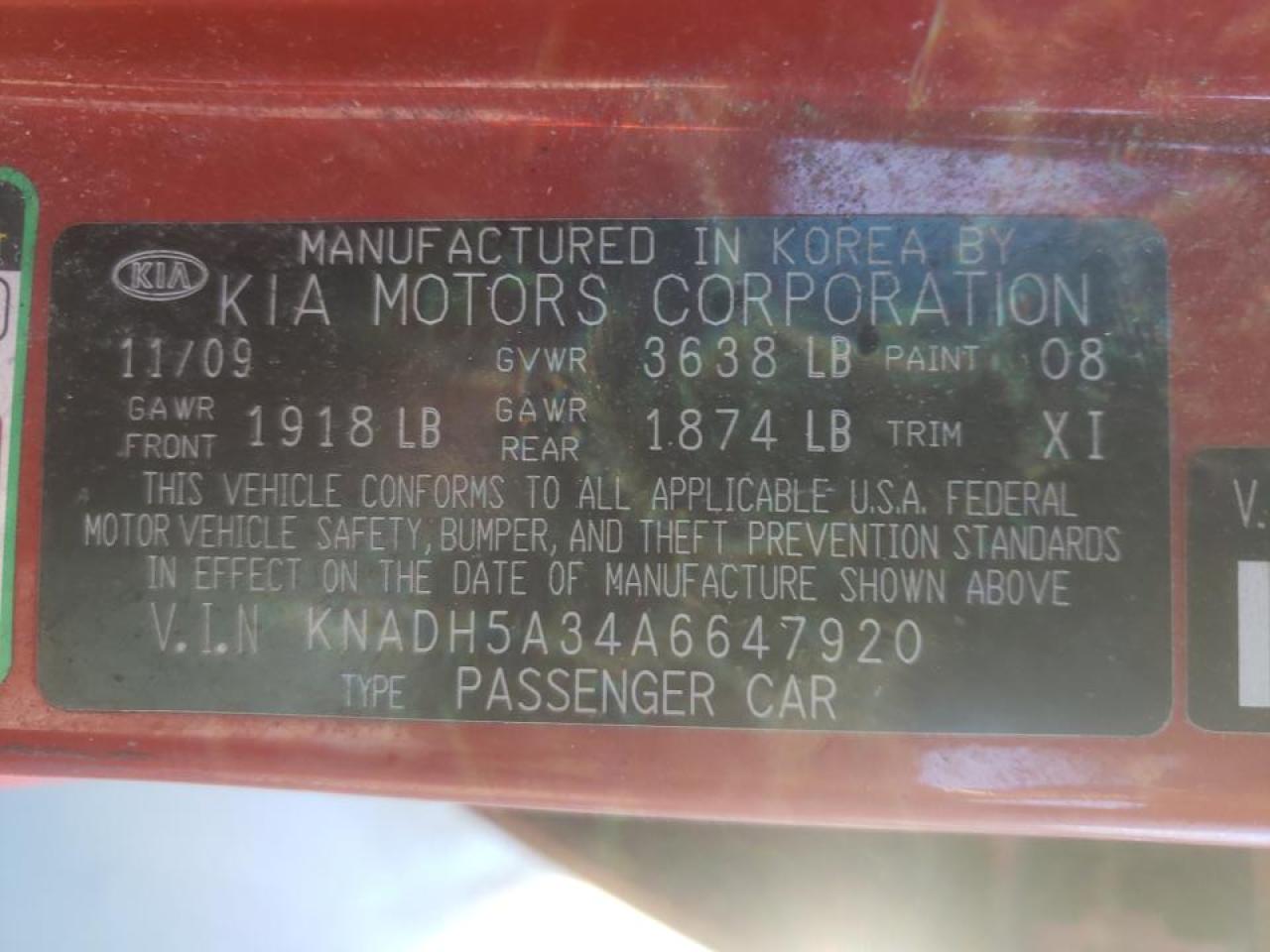 Photo 10 from auction – 2010 KIA RIO LX with VIN KNADH5A34A6647920