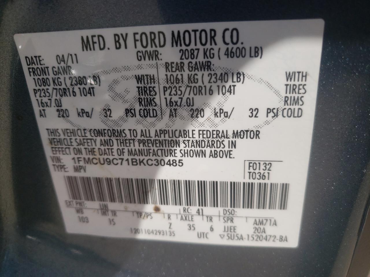 Photo 10 from auction – 2011 FORD ESCAPE XLS with VIN 1FMCU9C71BKC30485