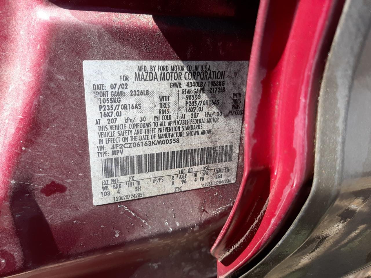 Photo 10 from auction – 2003 MAZDA TRIBUTE ES with VIN 4F2CZ06163KM00558