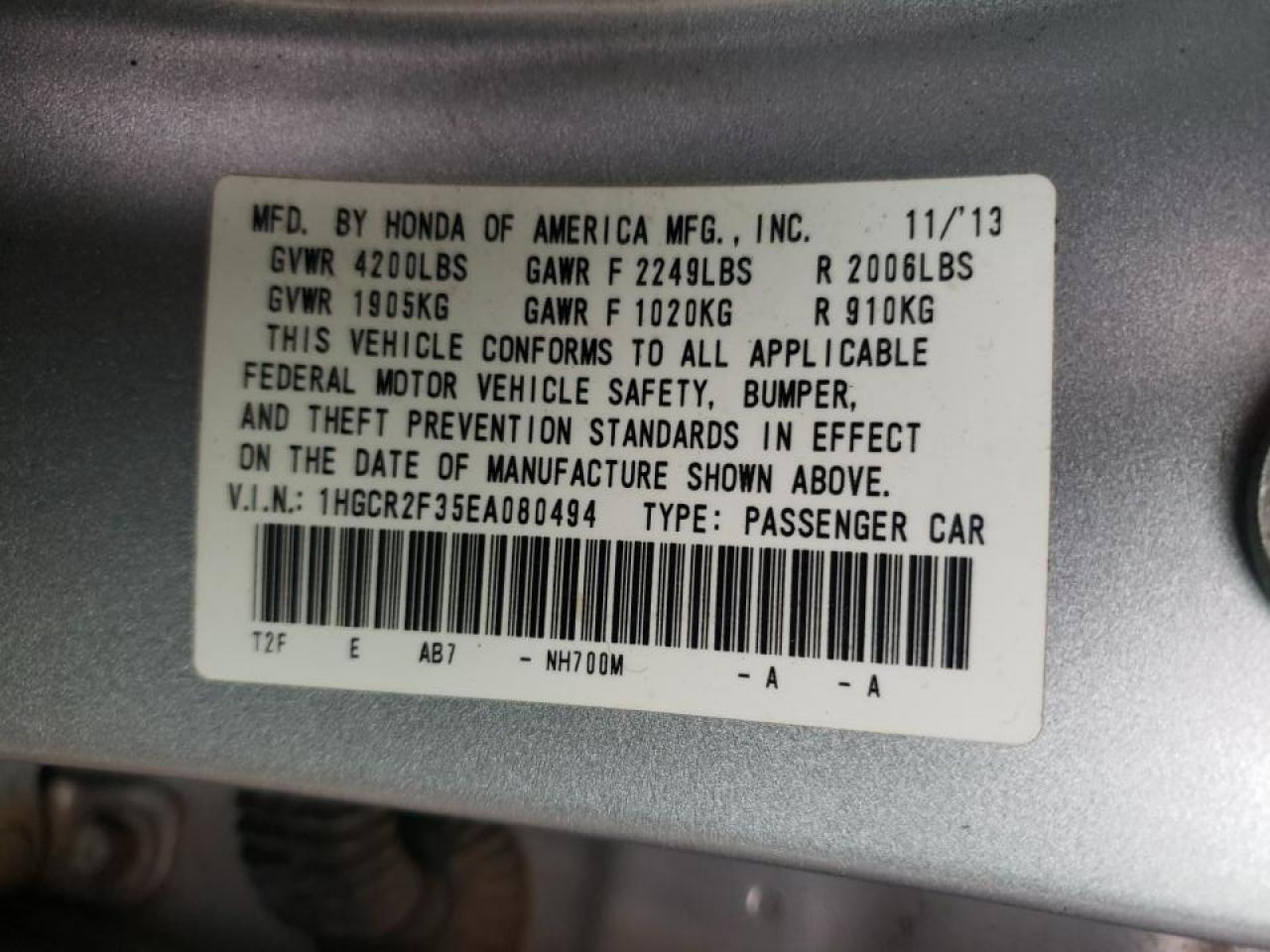 Photo 10 from auction – 2014 HONDA ACCORD LX with VIN 1HGCR2F35EA080494