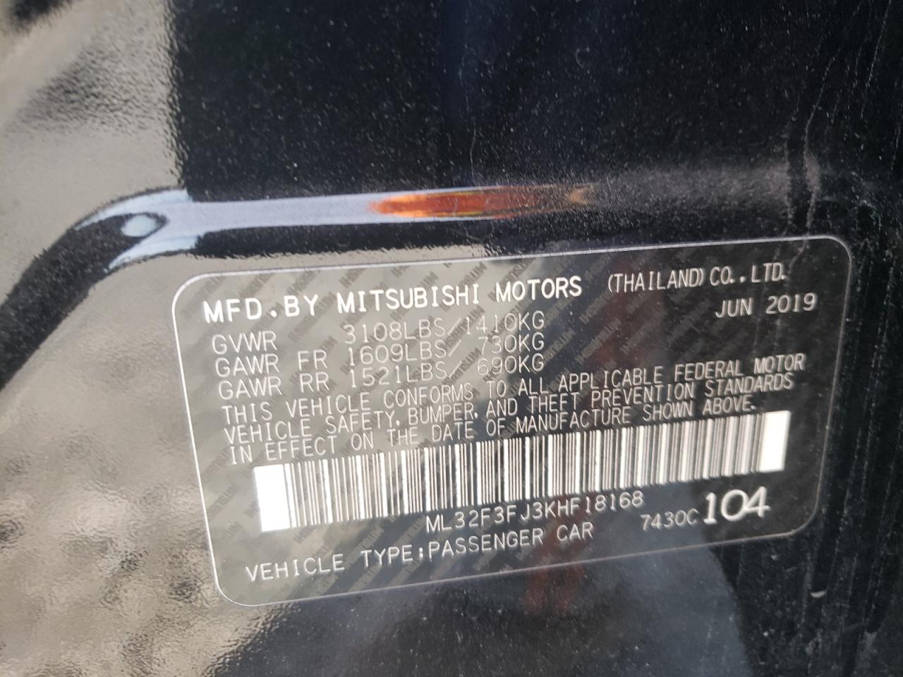 Photo 10 from auction – 2019 MITSUBISHI MIRAGE G4 with VIN ML32F3FJ3KHF18168