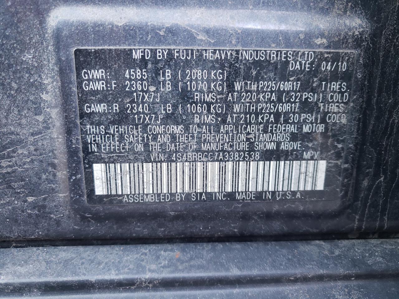 Photo 10 from auction – 2010 SUBARU OUTBACK 2. with VIN 4S4BRBCC7A3382538
