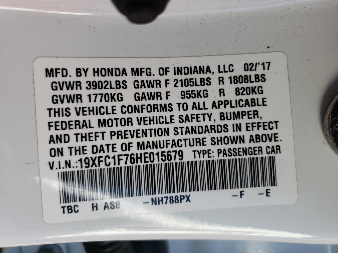 Photo 10 from auction – 2017 HONDA CIVIC EXL with VIN 19XFC1F76HE015679