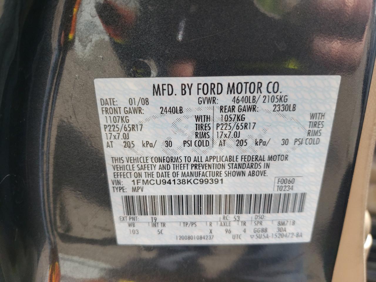 Zdjęcie 10 z aukcji – 2008 FORD ESCAPE LIM z VIN 1FMCU94138KC99391