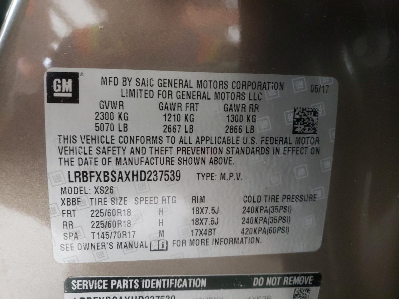 Photo 10 from auction – 2017 BUICK ENVISION E with VIN LRBFXBSAXHD237539