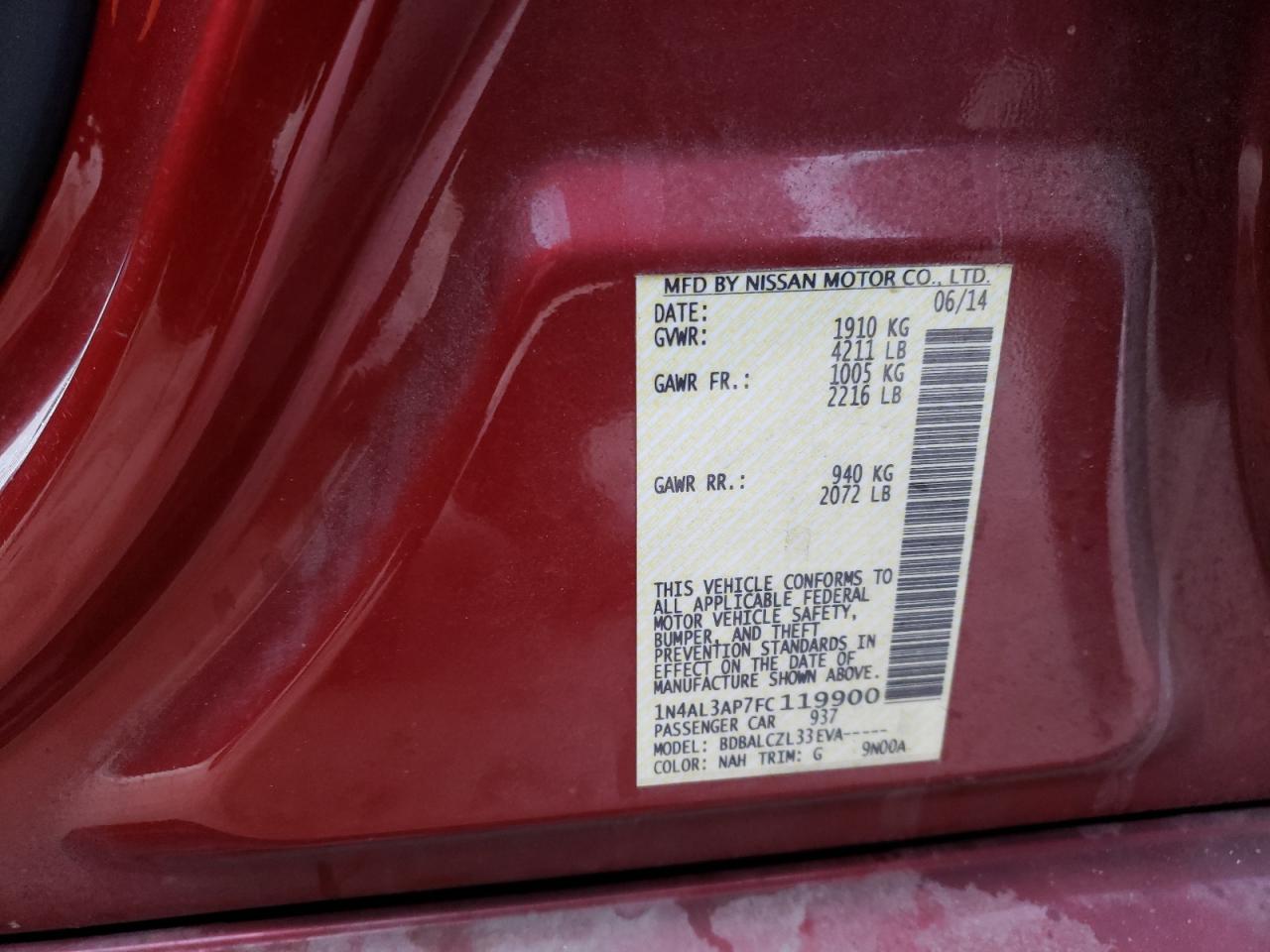 Photo 10 from auction – 2015 NISSAN ALTIMA 2.5 with VIN 1N4AL3AP7FC119900