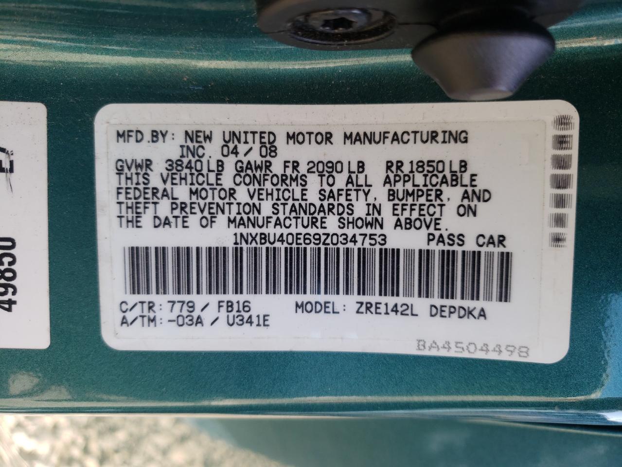 Photo 10 from auction – 2009 TOYOTA COROLLA BA with VIN 1NXBU40E69Z034753