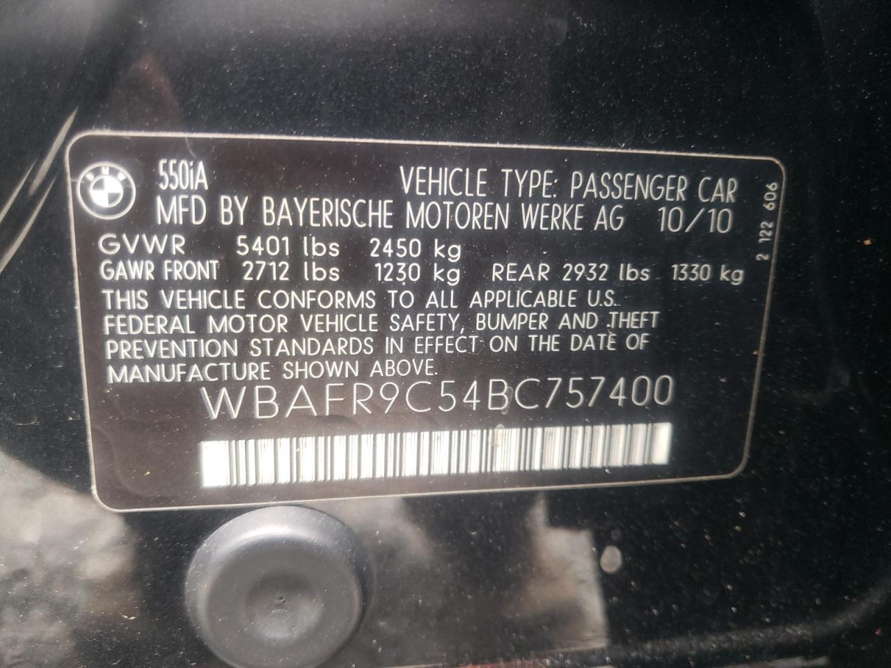 Photo 10 from auction – 2011 BMW 550 I with VIN WBAFR9C54BC757400