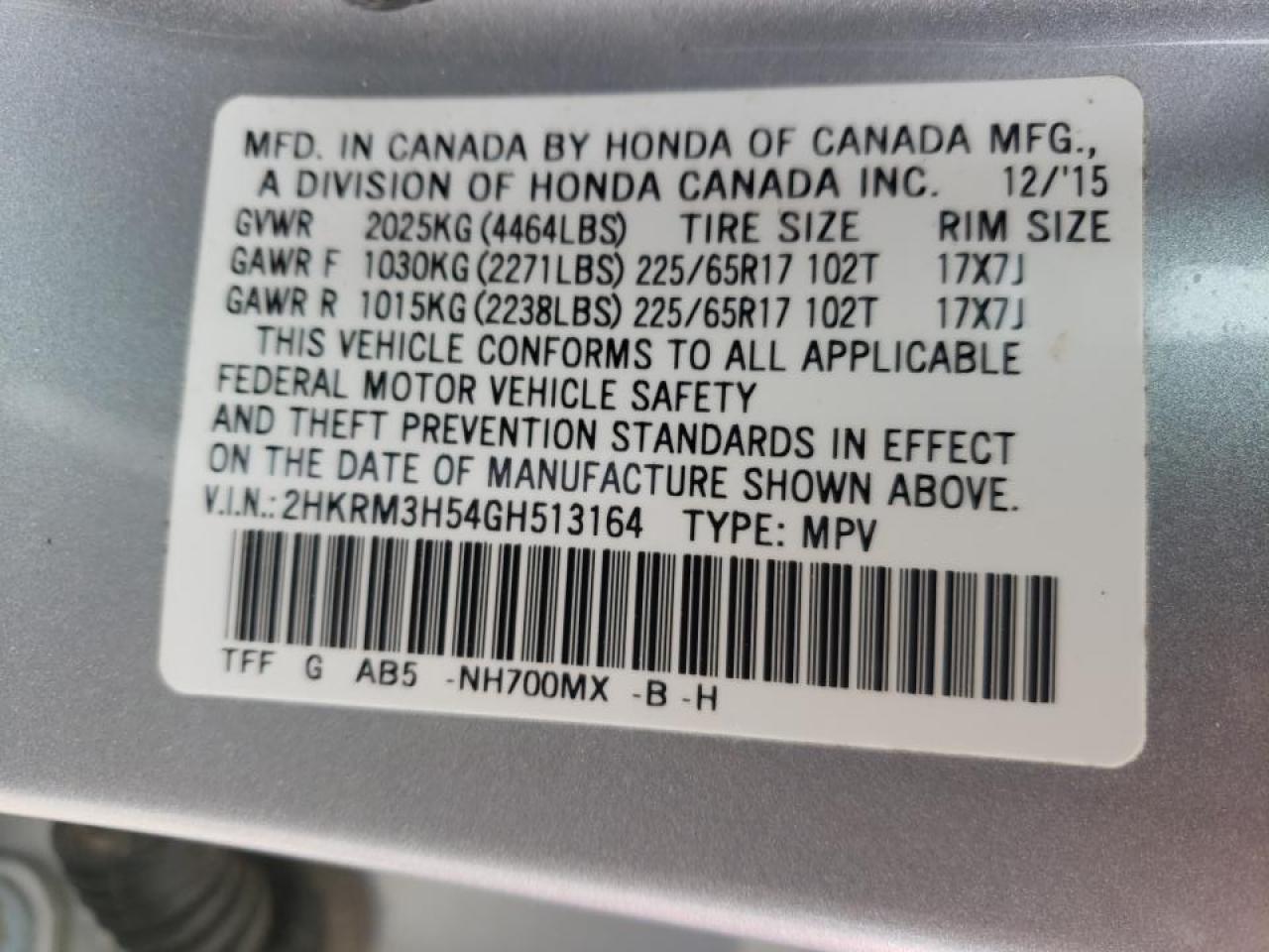 Photo 10 from auction – 2016 HONDA CR-V EX with VIN 2HKRM3H54GH513164