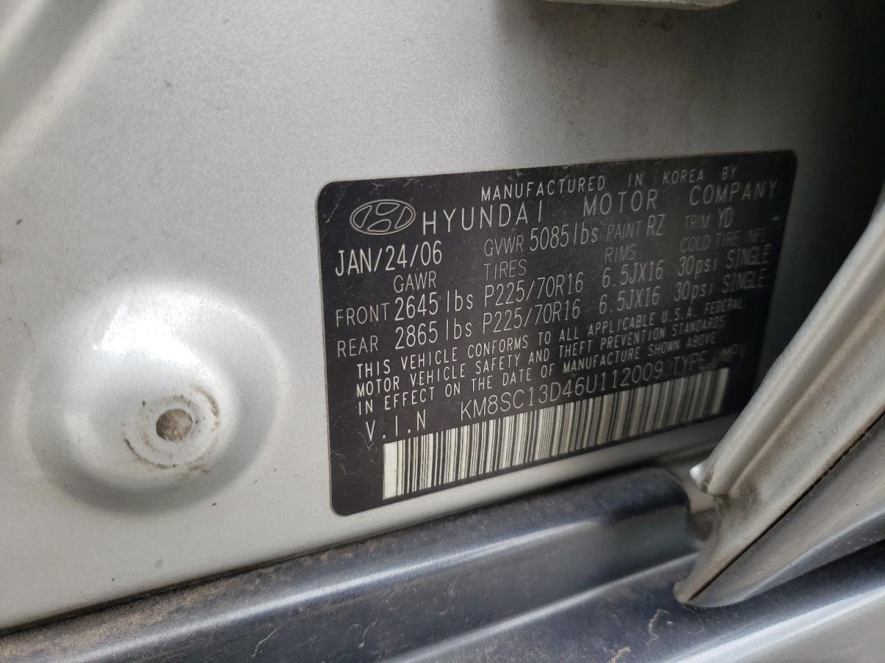 Photo 10 from auction – 2006 HYUNDAI SANTA FE G with VIN KM8SC13D46U112009