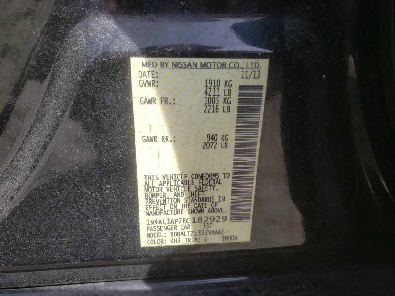 Photo 10 from auction – 2014 NISSAN ALTIMA 2.5 with VIN 1N4AL3AP7EC182929