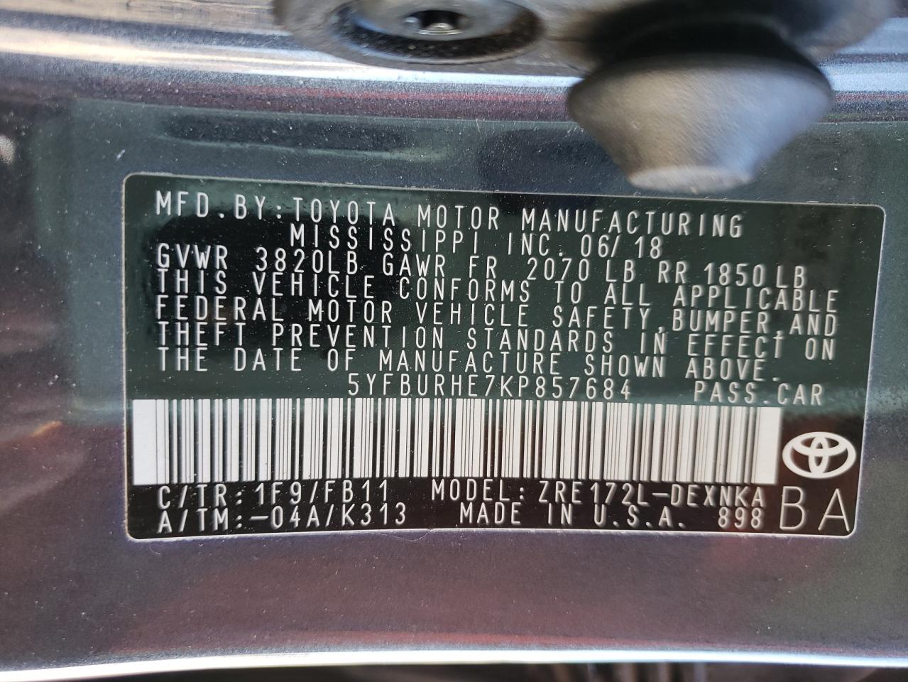 Photo 10 from auction – 2019 TOYOTA COROLLA L with VIN 5YFBURHE7KP857684