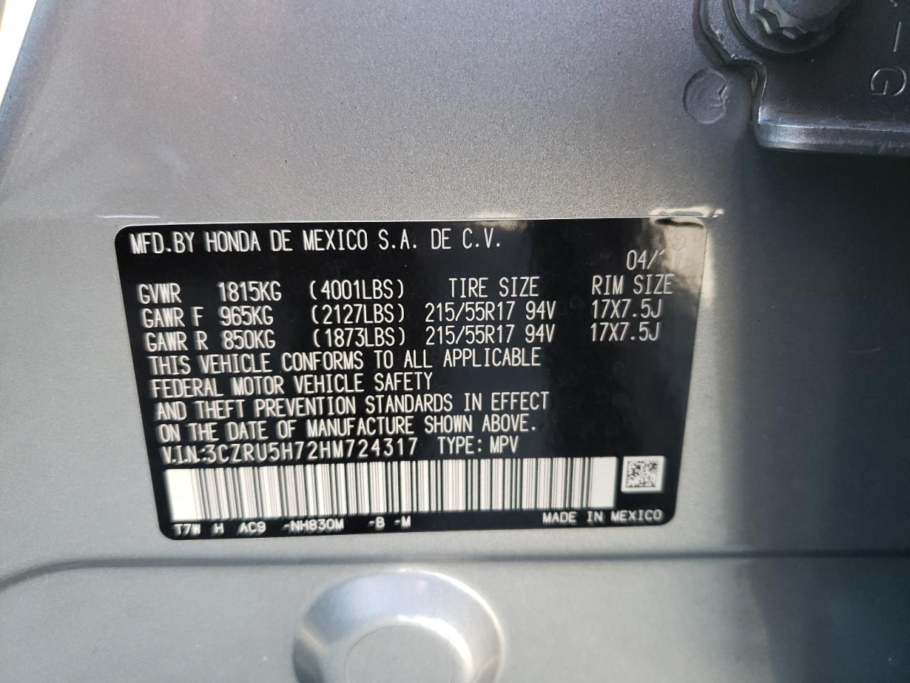 Photo 10 from auction – 2017 HONDA HR-V EXL with VIN 3CZRU5H72HM724317