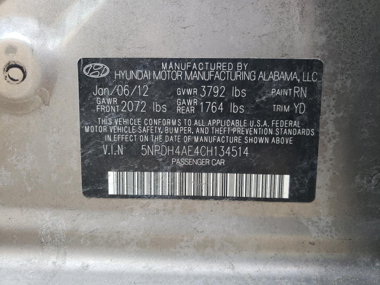 Photo 10 from auction – 2012 HYUNDAI ELANTRA with VIN 5NPDH4AE4CH134514