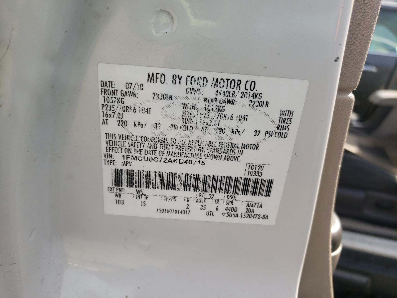 Zdjęcie 10 z aukcji – 2010 FORD ESCAPE XLS z VIN 1FMCU0C72AKD40715