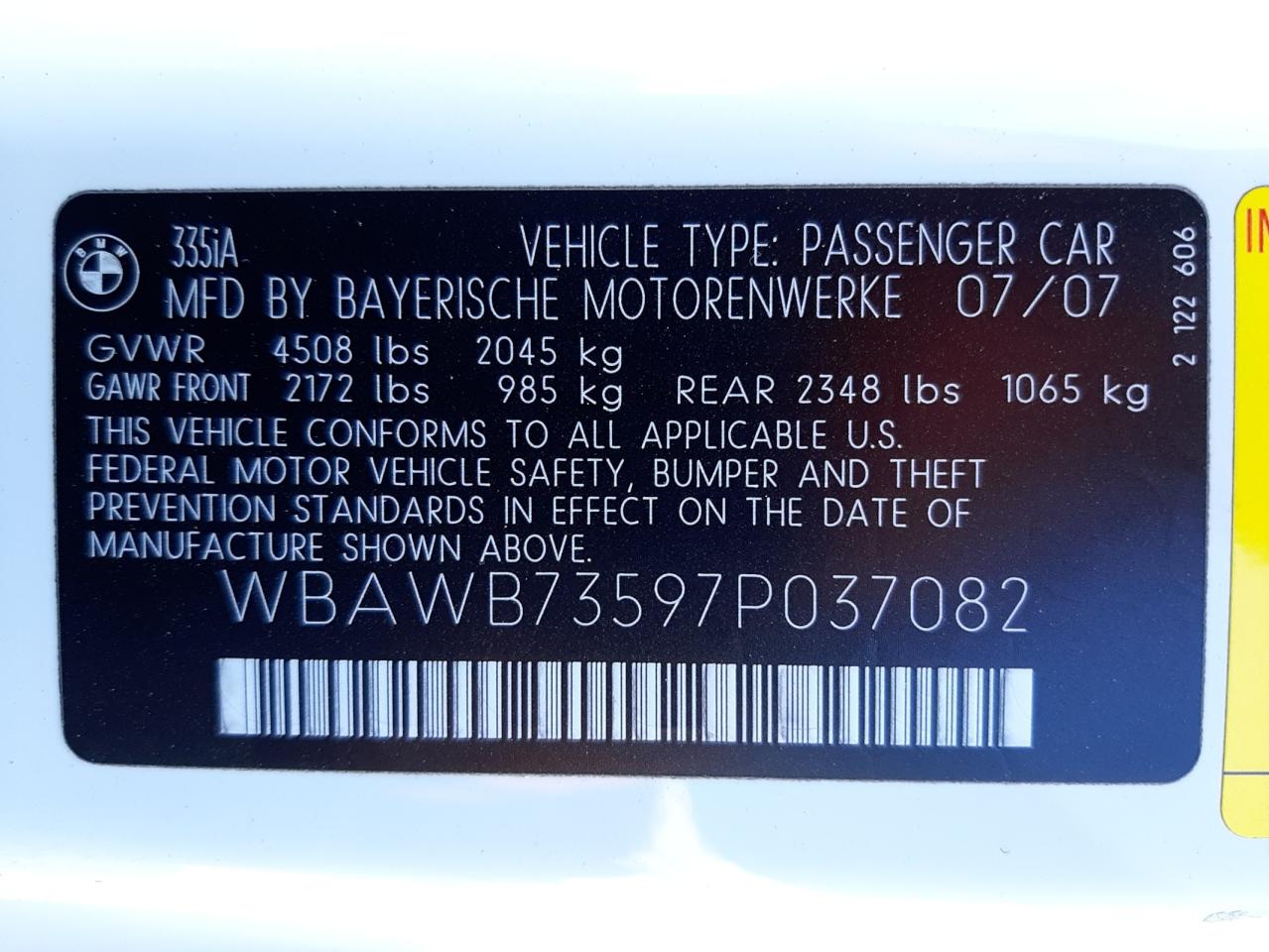 Photo 10 from auction – 2007 BMW 335 I with VIN WBAWB73597P037082