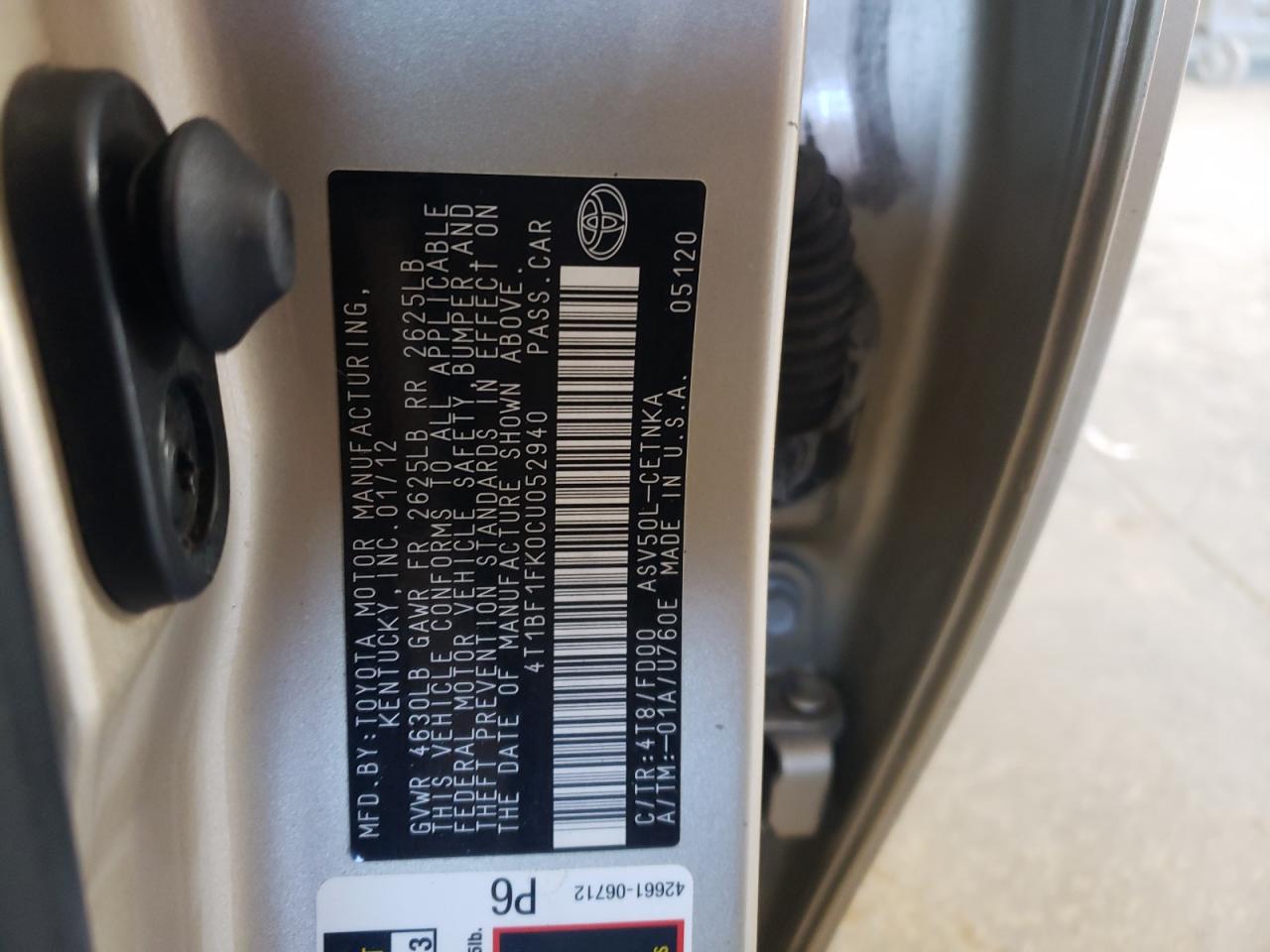 Photo 10 from auction – 2012 TOYOTA CAMRY BASE with VIN 4T1BF1FK0CU052940