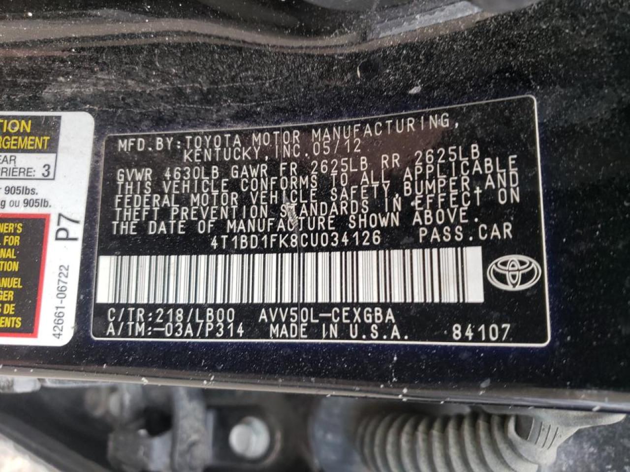 Photo 10 from auction – 2012 TOYOTA CAMRY HYBR with VIN 4T1BD1FK8CU034126