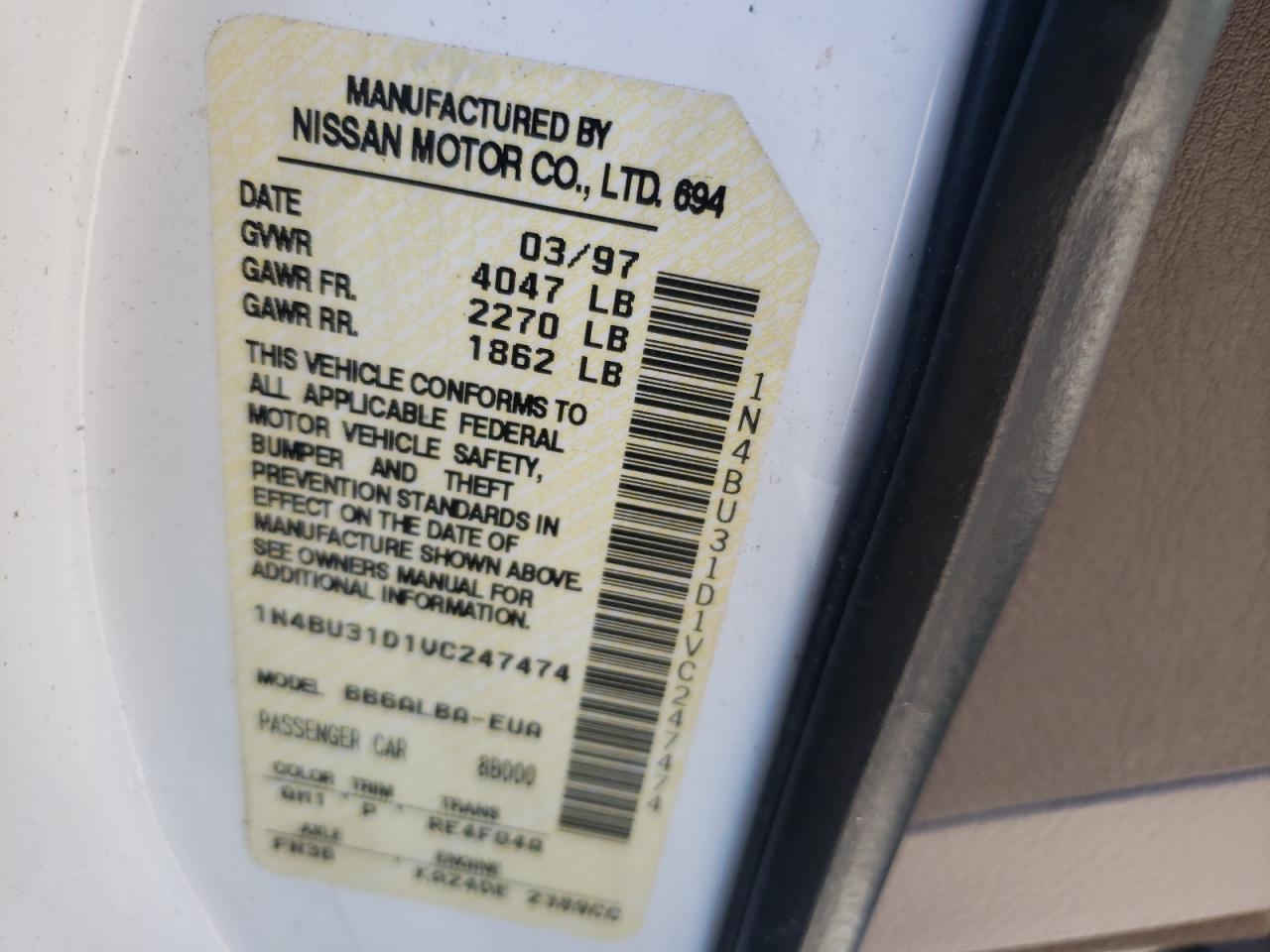 Photo 10 from auction – 1997 NISSAN ALTIMA XE with VIN 1N4BU31D1VC247474