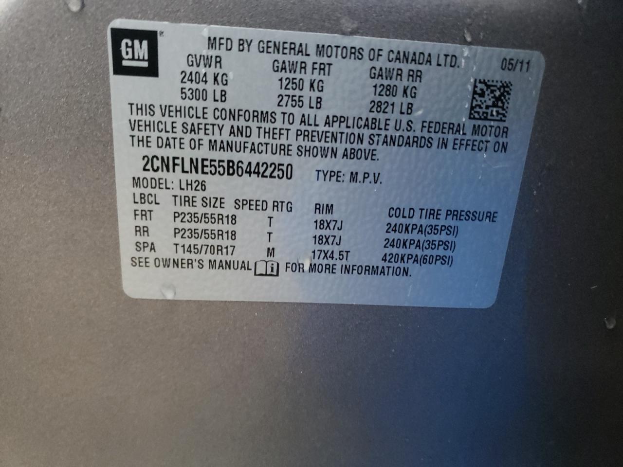 Photo 10 from auction – 2011 CHEVROLET EQUINOX LT with VIN 2CNFLNE55B6442250