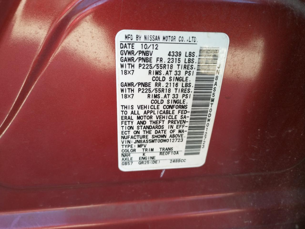 Photo 10 from auction – 2013 NISSAN ROGUE S with VIN JN8AS5MT0DW012723