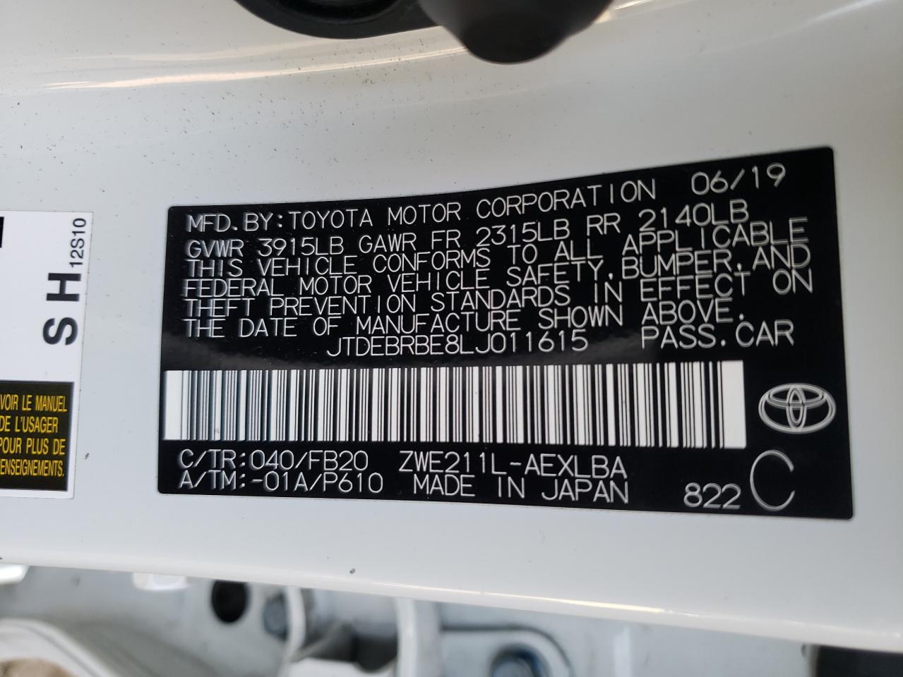 Photo 10 from auction – 2020 TOYOTA COROLLA LE with VIN JTDEBRBE8LJ011615