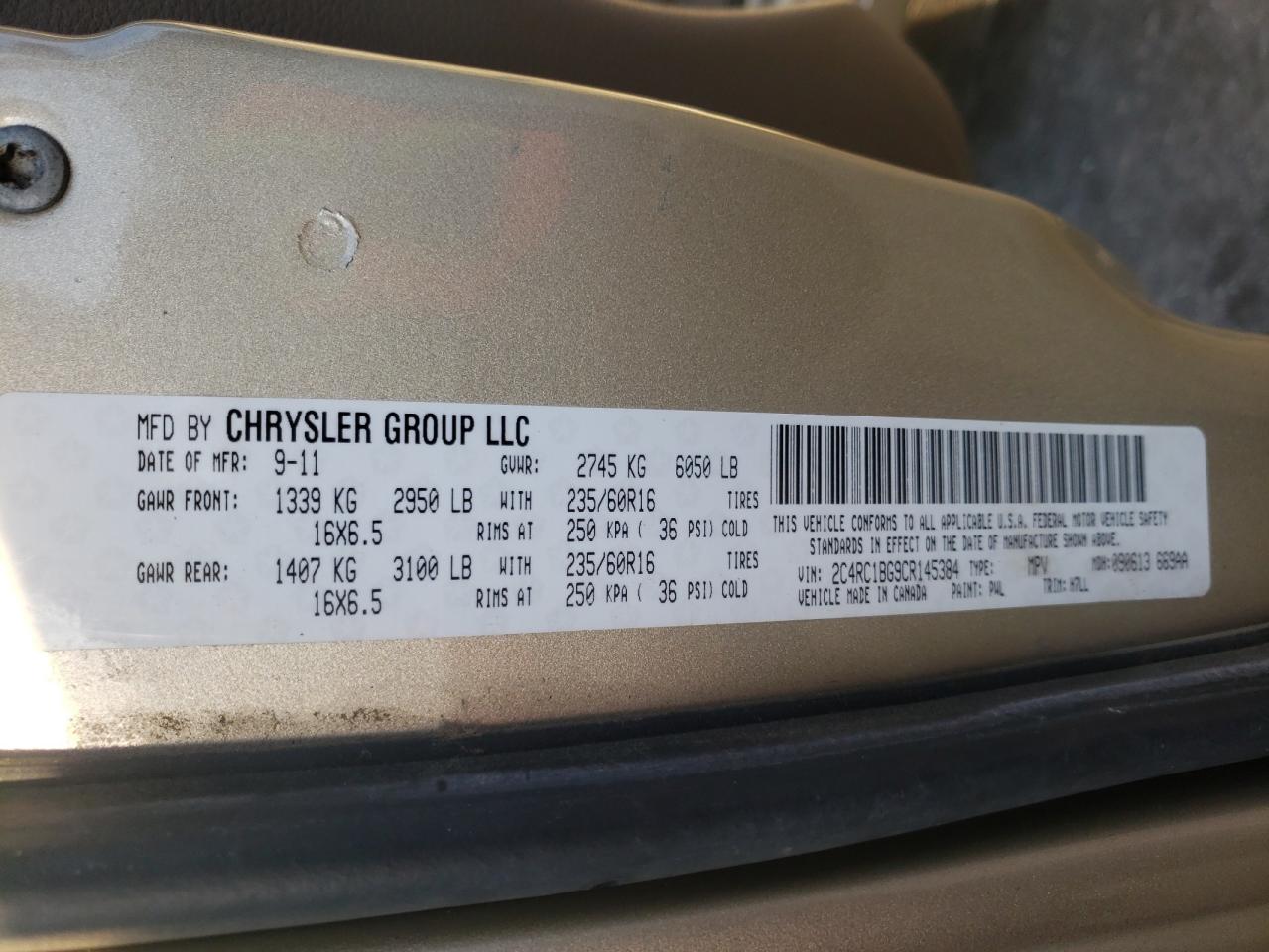 Photo 10 from auction – 2012 CHRYSLER TOWN & COU with VIN 2C4RC1BG9CR145384