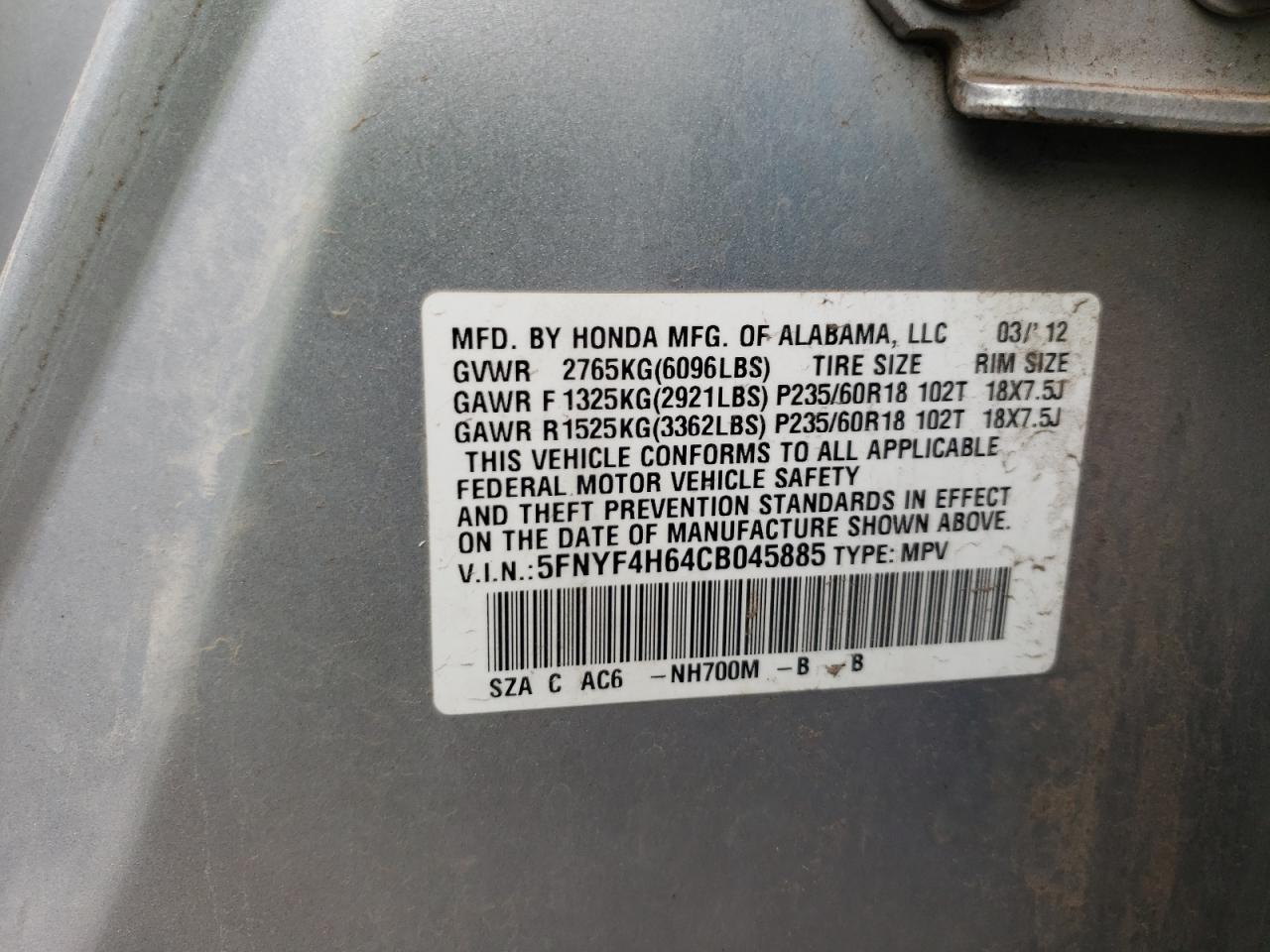 Photo 10 from auction – 2012 HONDA PILOT EXL with VIN 5FNYF4H64CB045885