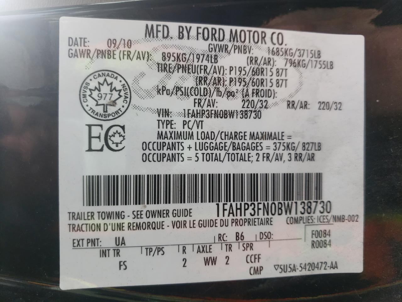 Photo 10 from auction – 2011 FORD FOCUS with VIN 1FAHP3FN0BW138730