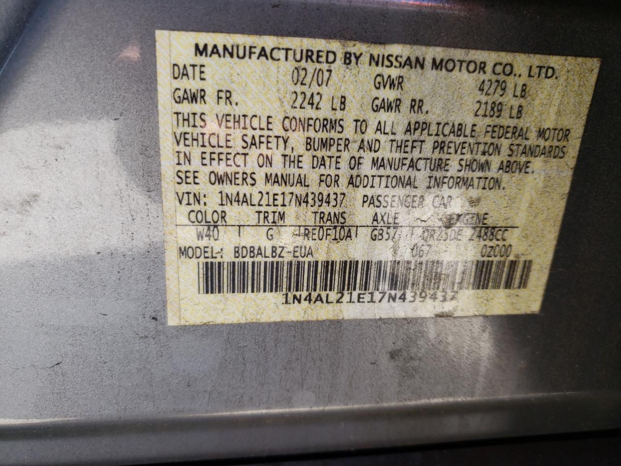 Photo 10 from auction – 2007 NISSAN ALTIMA 2.5 with VIN 1N4AL21E17N439437