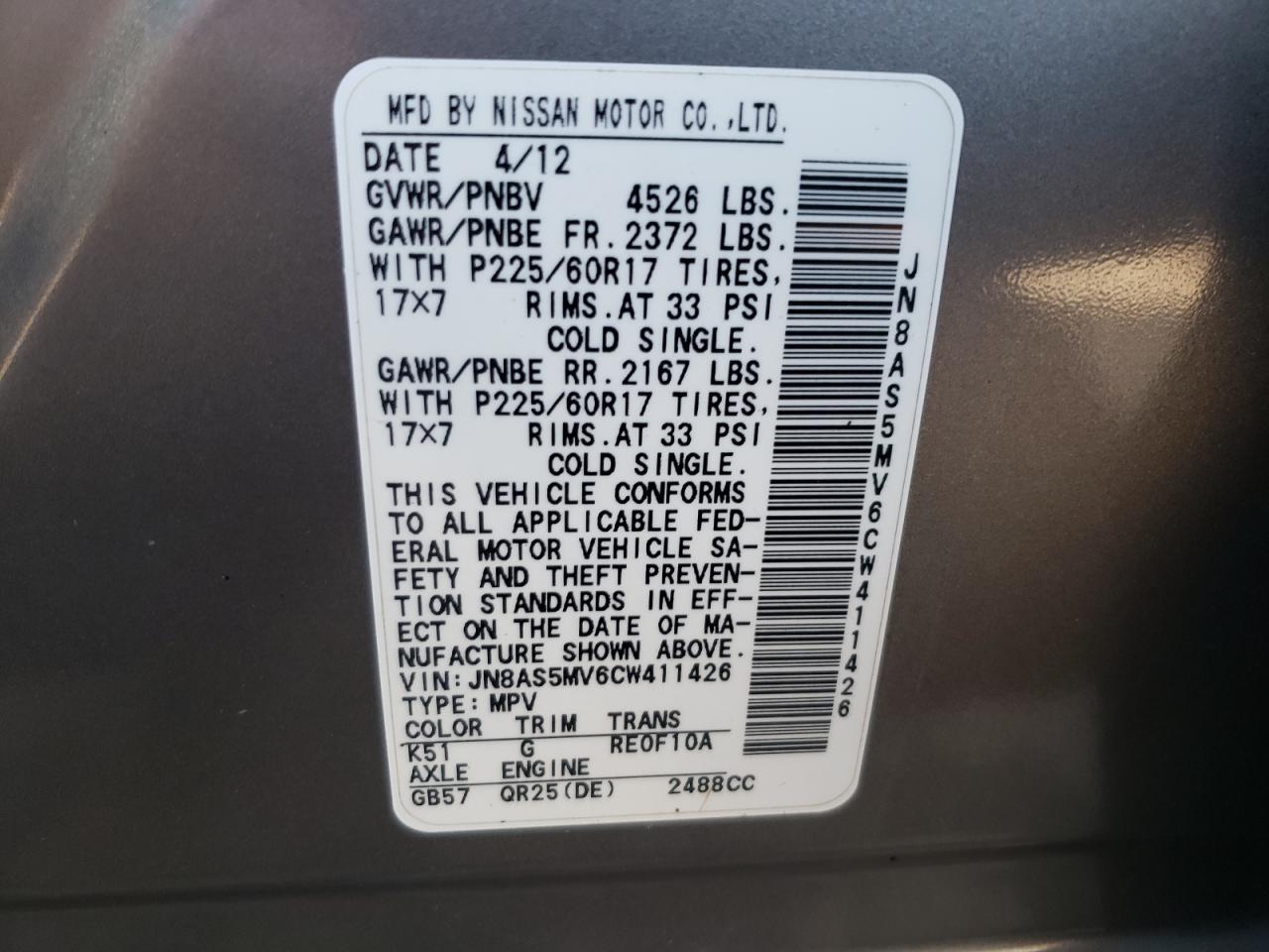 Photo 10 from auction – 2012 NISSAN ROGUE S with VIN JN8AS5MV6CW411426