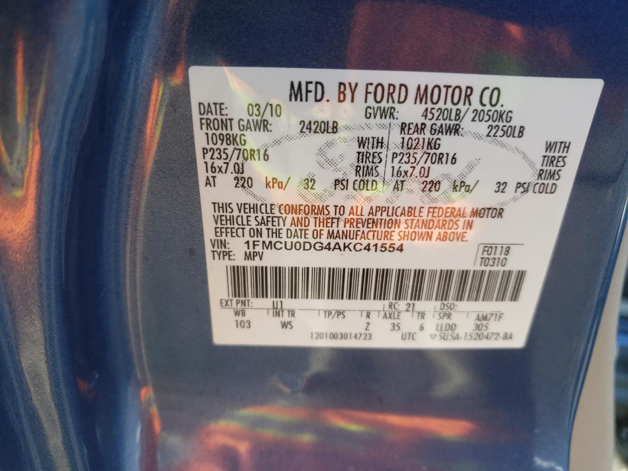 Photo 10 from auction – 2010 FORD ESCAPE XLT with VIN 1FMCU0DG4AKC41554
