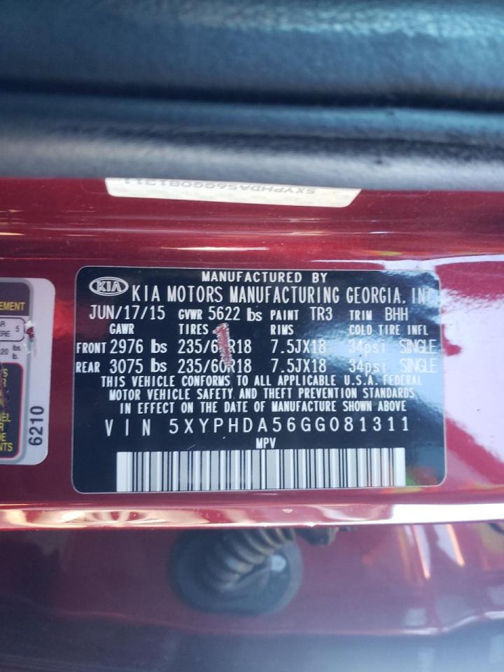Photo 10 from auction – 2016 KIA SORENTO EX with VIN 5XYPHDA56GG081311