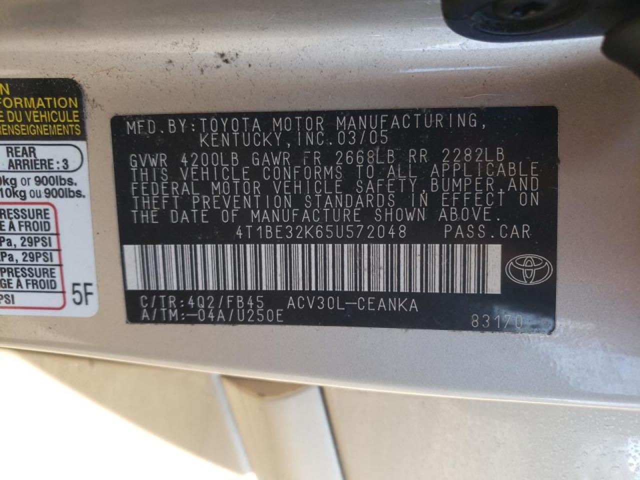 Photo 10 from auction – 2005 TOYOTA CAMRY LE with VIN 4T1BE32K65U572048