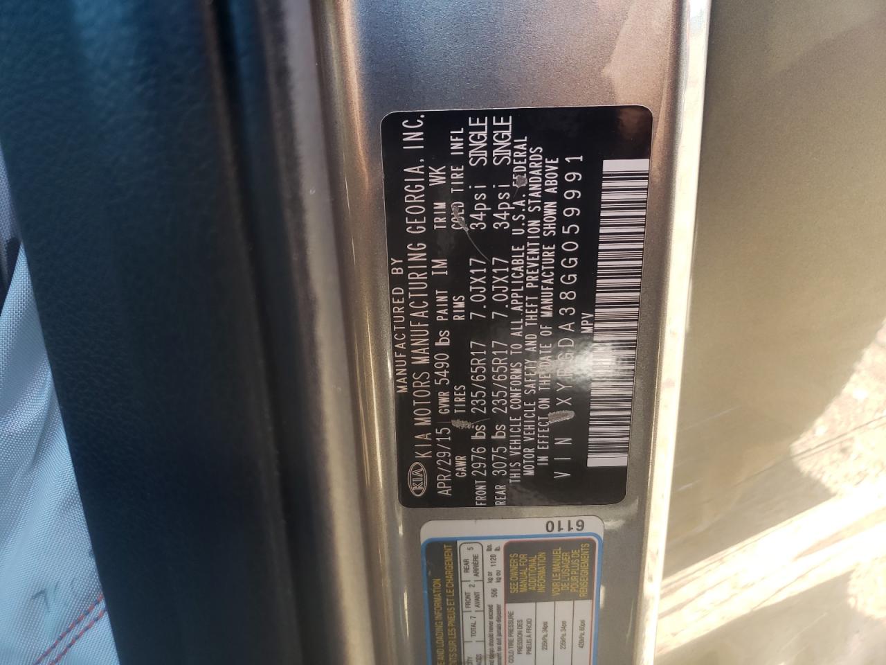 Photo 10 from auction – 2016 KIA SORENTO LX with VIN 5XYPGDA38GG059991