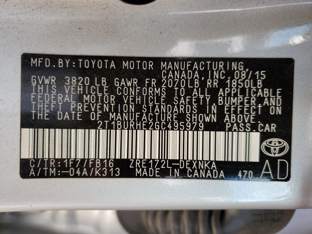 Photo 10 from auction – 2016 TOYOTA COROLLA L with VIN 2T1BURHE2GC495979