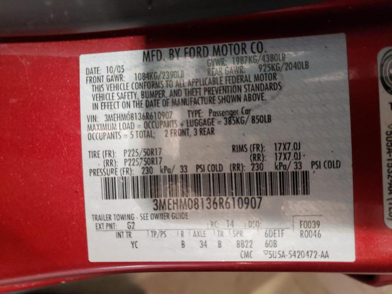 Photo 10 from auction – 2006 MERCURY MILAN PREM with VIN 3MEHM08136R610907